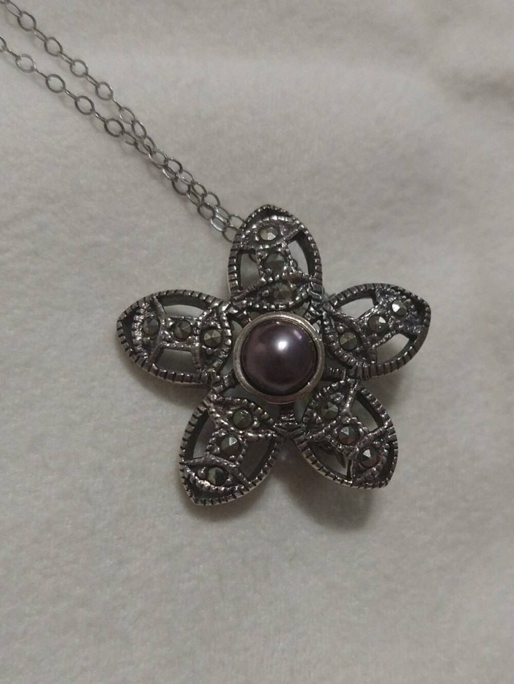 2 In 1 Vintage Marcasite Silver Floral Pendant Or Brooch with Pearl Center